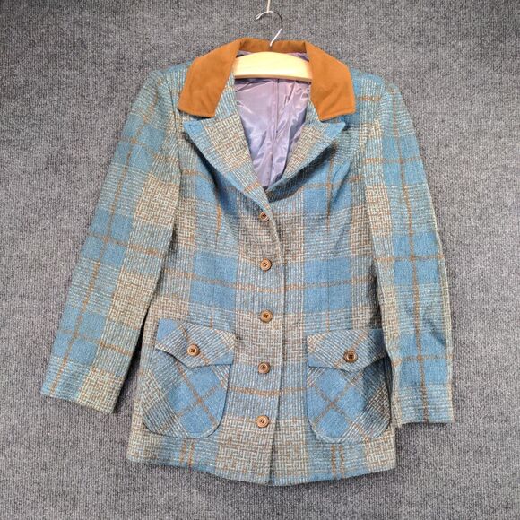 Four Corners Button Blazer Wool Coat Actual 32x26.5 Blue Gray Plaid Front Pocket - Picture 2 of 11